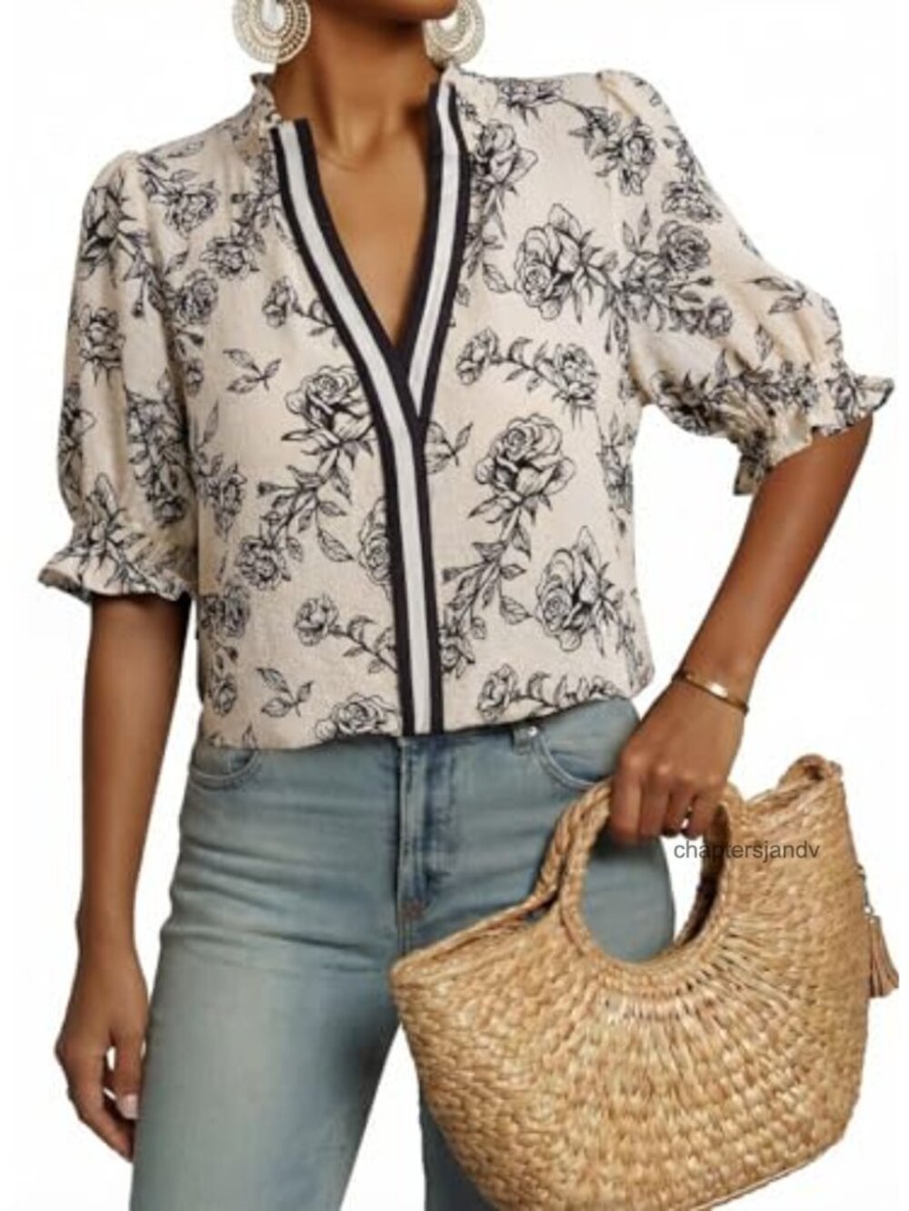Boho Floral Ruffle Blouse Women's V-Neck Short Sleeve